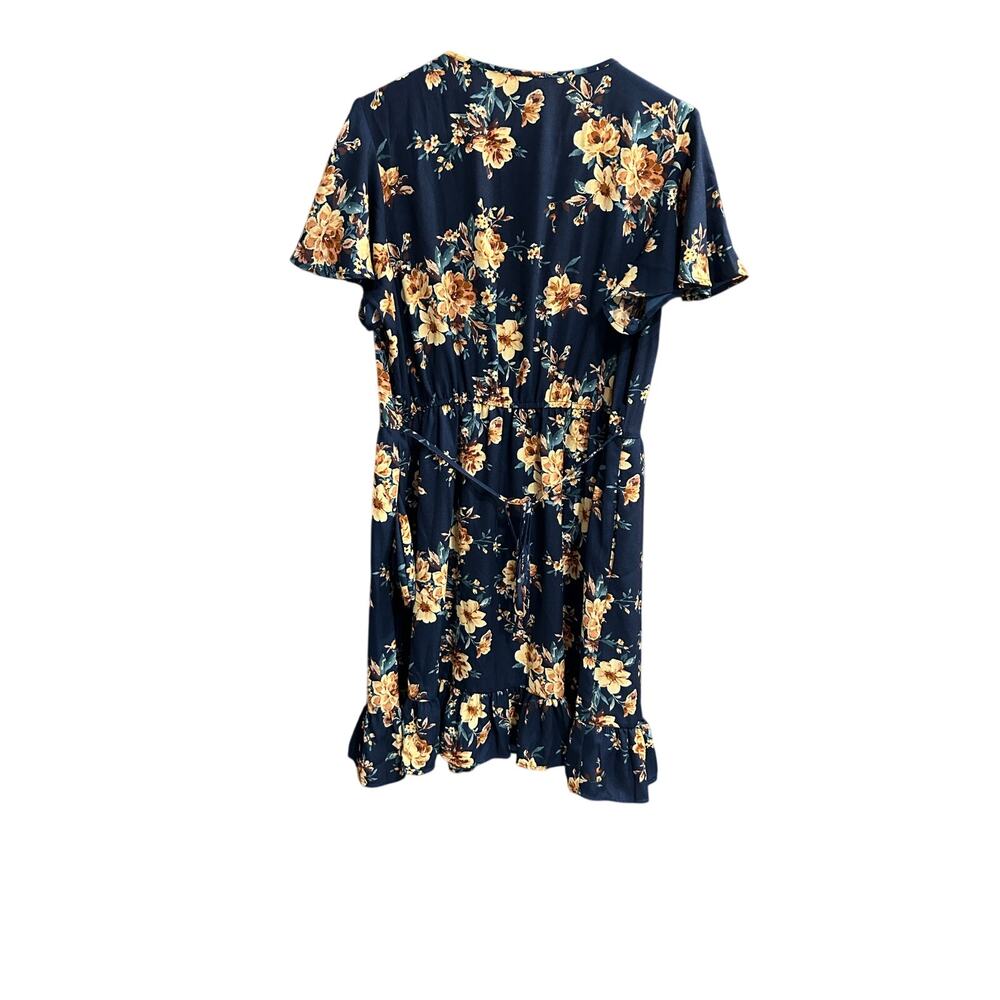 Xhilaration Blue Yellow Floral Mini Dress Ruffle Hem Flutter Sleeve Pockets L - Picture 8 of 14